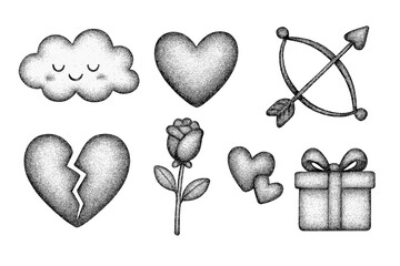 Cute romantic Valentine's Day elements set with retro stipple effect. Childish love icons: broken heart, cupid's bow and arrow, rose, gift. Trendy naive 3D vector pack.