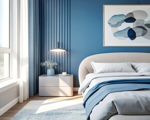 Stylish modern bedroom interior with a wooden slatted accent wall and blue paint.