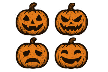 Halloween pumpkin jack o'lantern icon set. Vector cartoon illustration with different emotions. Happy, sad, angry, and spooky faces. Silhouette sign for autumn holiday design.