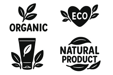 Organic, eco, natural product vector logo collection. Set of isolated black icons, labels, and badges for healthy food packaging, bio cosmetics, and vegan goods. Eco-friendly.