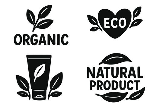 Organic, eco, natural product vector logo collection. Set of isolated black icons, labels, and badges for healthy food packaging, bio cosmetics, and vegan goods. Eco-friendly.