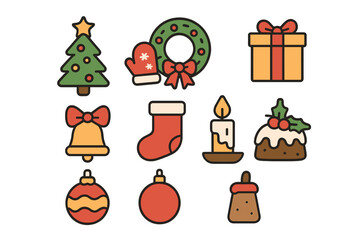 Modern flat style Christmas icon set. Holiday vector collection for decoration. Xmas tree, gift, wreath, bell, stocking, candle, pudding, bauble and mitten illustrations.