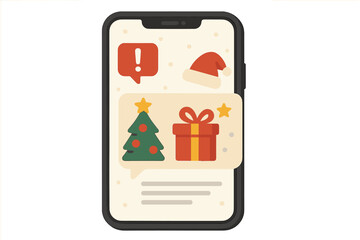 Christmas message on smartphone. Festive holiday chat on mobile screen. New Year online communication concept. Vector illustration with Xmas tree, gift, Santa hat notification icons.
