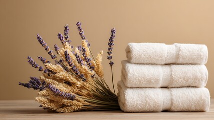Stack of fluffy white rolled towels with a bundle of dried lavender and wheat stalks on a wooden surface against a warm, neutral background