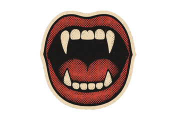 Vampire mouth with fangs in vintage halftone comic style. Halloween monster horror illustration. Retro 90s zine collage sticker with open mouth scream or bite. Pop art vector.