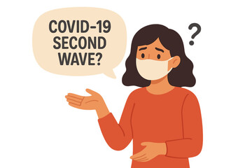 Woman in face mask fears Covid-19 second wave. Character worried about new pandemic variant and coronavirus quarantine. Concept of health crisis, anxiety, and uncertainty.