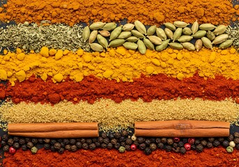 An assortment of vibrant culinary spices and dried herbs arranged in horizontal lines on a dark surface