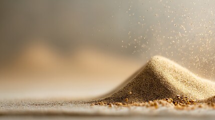Abstract macro view of a small sand dune with shimmering dust motes caught in a gentle breeze under soft, diffused lighting