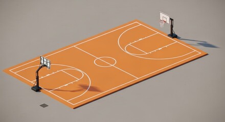 A detailed isometric 3D illustration of an empty orange basketball court with hoops, isolated on a clean background for sports concepts