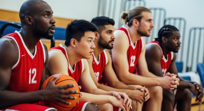 A diverse team of male basketball players in red uniforms sitting focused on the bench during a competitive game