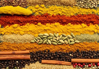 An assortment of vibrant culinary spices and dried herbs arranged in horizontal lines on a dark surface