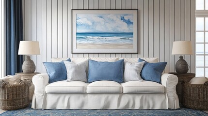 Coastal-inspired living room features a white sofa with blue accent pillows and a framed seascape print.