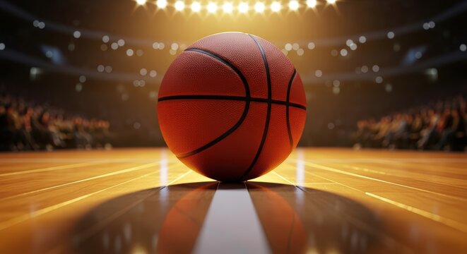 A lone basketball rests on the center line of a professional hardwood court, with the bright lights and crowd of a packed arena in the background