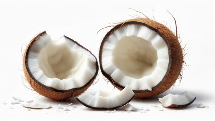 Two halves of a coconut, flesh visible, pieces broken off, against a white background