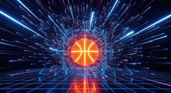 Digital basketball glowing with vibrant neon energy on a retro-futuristic grid, surrounded by abstract light streams. Modern sport and technology