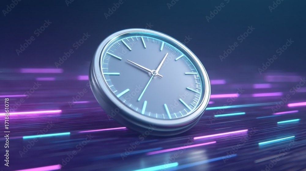 Poster clock with motion blur against a vibrant neon background illustrating the concept of time passing in