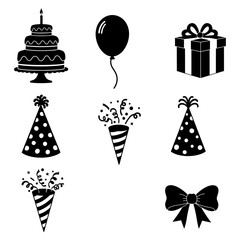 Festive Celebration Graphic Elements Collection Birthday Party Icons, Gift Boxes, Balloons, and Hats Silhouettes Set
