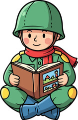 young soldiers peaceful moment a cartoon illustration of quiet contemplation, isolated on transparent background