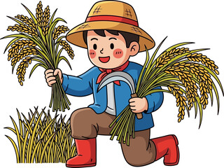 young rice farmers golden harvest a cartoon of rural life and abundant joy, isolated on transparent background