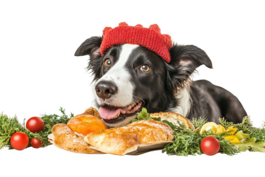 Border collie dog wearing a festive crown with a thanksgiving feast isolated on transparent background. Head portrait of a cute happy border collie dog on isolated on white background.