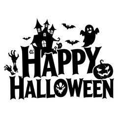 Happy Halloween illustration featuring a spooky haunted house, a playful ghost, bats, and a carved pumpkin