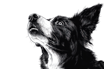 Dramatic close up of a black and white dog looking up isolated on transparent background. Head portrait of a cute happy border collie dog on isolated on white background.