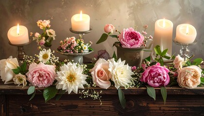 Elegant floral arrangement with lit candles on rustic wooden surface