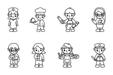 Profession icon set on white background. Symbol of nurse, chef, teacher, artist, news reporter, carpenter, veterinarian, and warder.  Occupation outline coloring