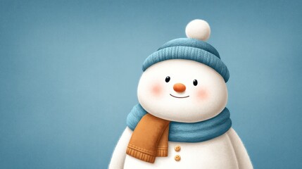 Fototapeta premium Cheerful snowman character with a blue hat, orange scarf, and friendly expression against a soft blue background, perfect for winter themed designs and decorations