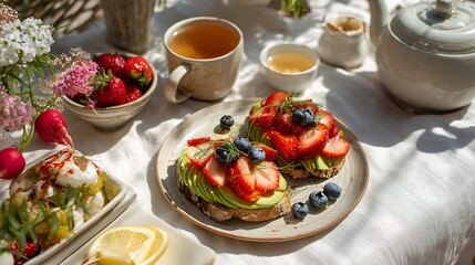Delicious strawberry avocado toast breakfast with tea and flowers healthy food photography ideas recipe inspiration