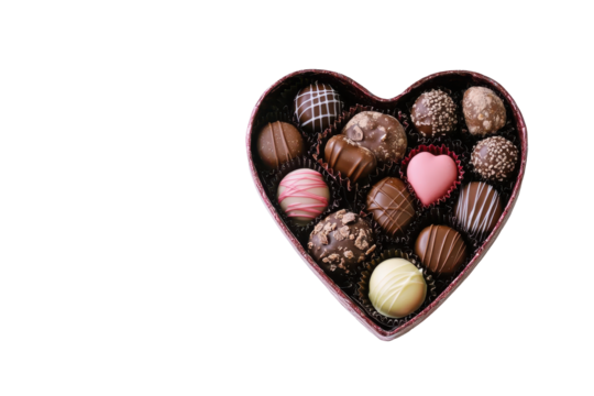 Assortment of gourmet chocolates in a heart shaped box isolated on transparent background. Heart shaped box filled with various types of gourmet chocolates isolated on white background.