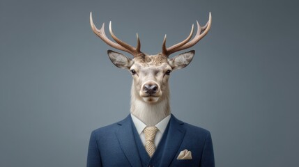 Stylish Deer in a Formal Suit with a Blue Jacket Representing Elegance and Nature in a Unique Blend of Animal and Human Traits for Creative Concepts