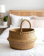 Light brown woven basket on a bed