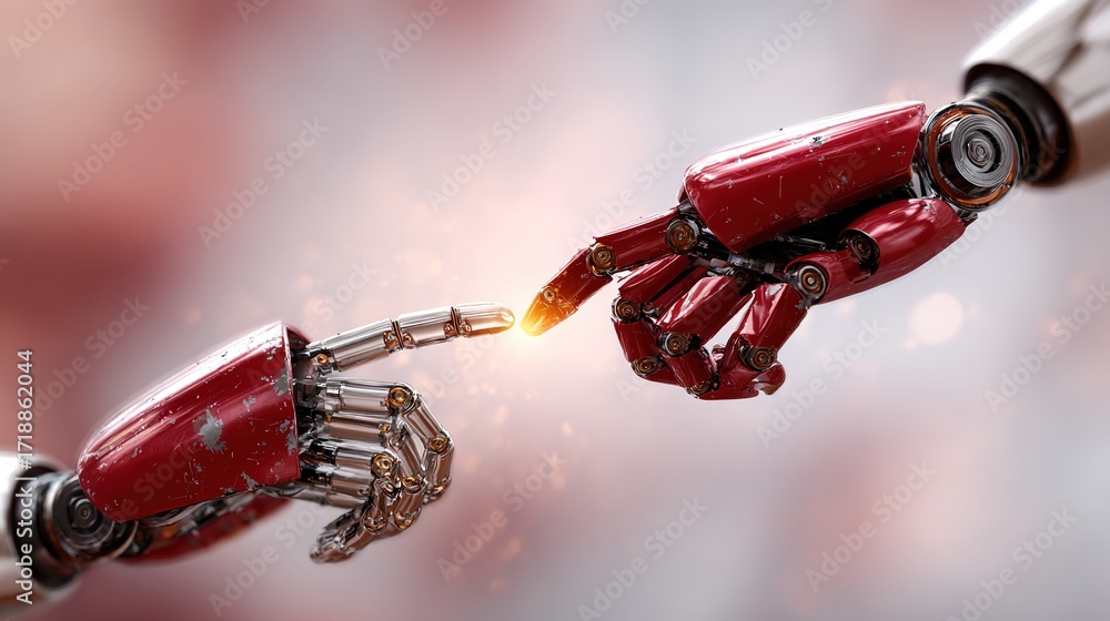 Poster red robotic hands creating energy spark in futuristic scene