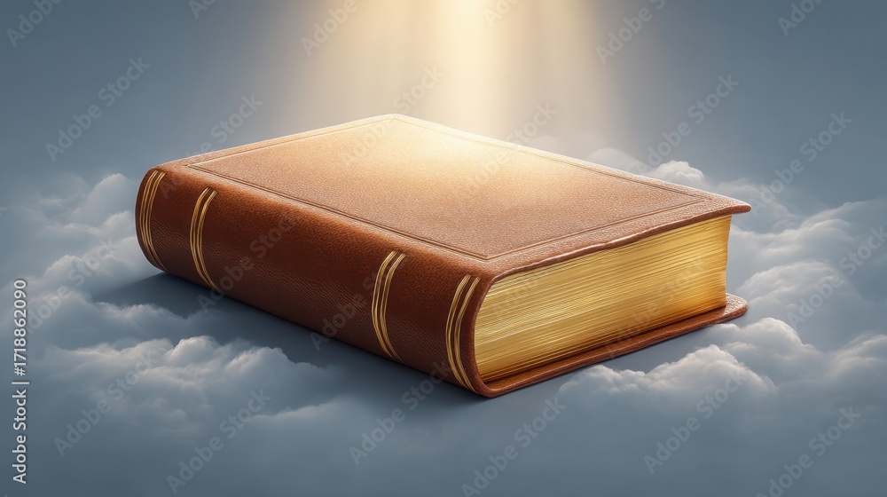 Poster mystical leather bound book above soft clouds with dramatic light rays illuminating pages symbolizin