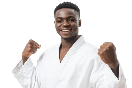 Young black man in karate gi smiling with fists raised isolated on transparent background. Male black african taekwondo practitioner smiling with raised fists isolated on white background.