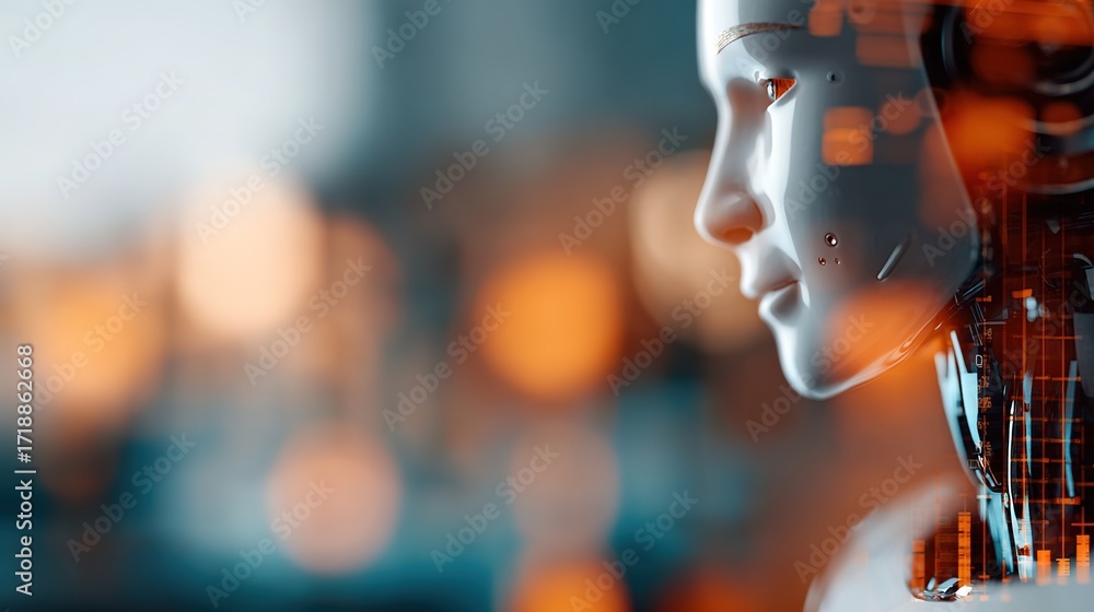 Poster futuristic robot profile with digital elements and blurred background