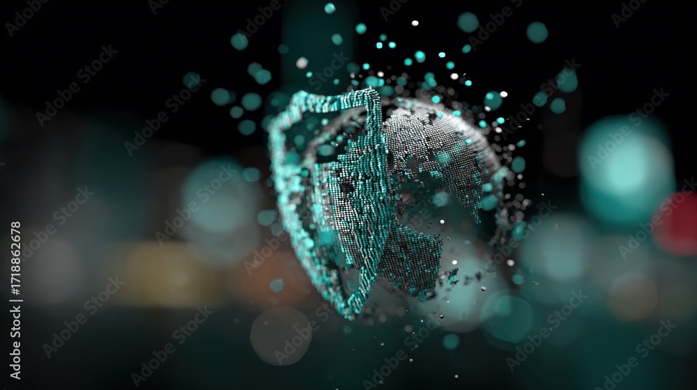 Poster abstract 3d shield with particles representing digital security concept