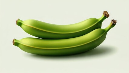 Two unripe green bananas, slightly overlapping, presented on a light beige background.  Realistic depiction of fruit's texture and shape