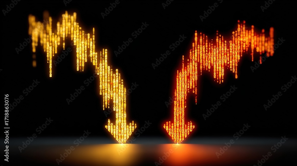 Poster digital downward trend with colorful data streams in black background