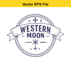 Vector art of western moon emblem with rope circle and banner