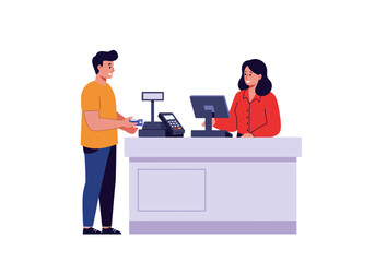 A man pays at a store counter with a card to a woman cashier