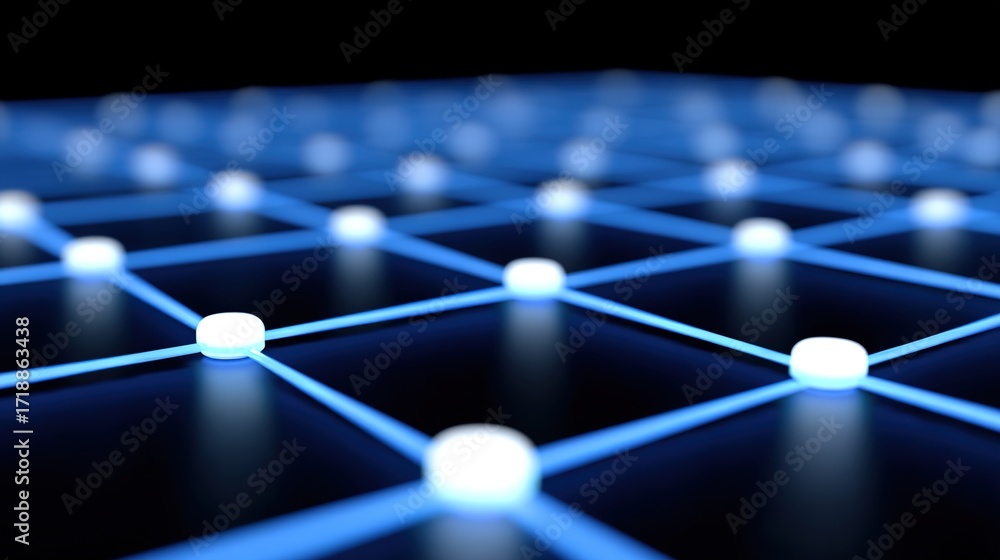Poster futuristic grid pattern with neon lights on dark background