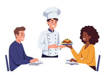 Chef serves a gourmet dish to patrons seated at a restaurant table