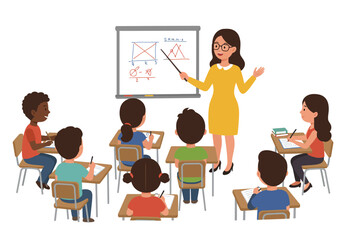 Classroom scene teacher instructs students at desks near a whiteboard with mathematical equations