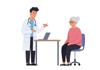 Doctor in a white coat talks with an elderly woman sitting in a chair by a table with a laptop