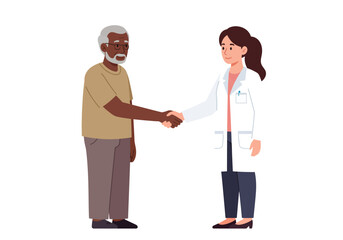 Doctor shakes hands with senior patient both smiling in a friendly medical setting