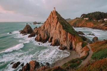 Coastal rock formation with lighthouse at sunrise