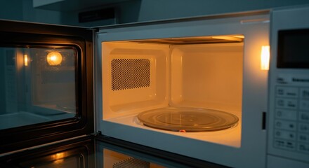 Empty microwave oven open, lit from inside