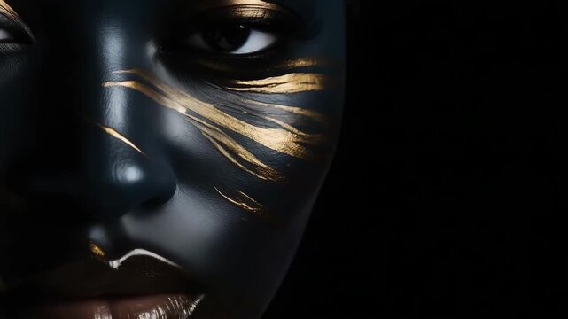 Close up beauty art portrait with copy space. Fantastic golden professional makeup african woman, lips skin with paint drops liquid gold. Fashion model sexy face goddess. Glitter shadow eyes glow.